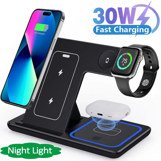 30W LED 3 in 1 Fast Wireless Charger Stand
