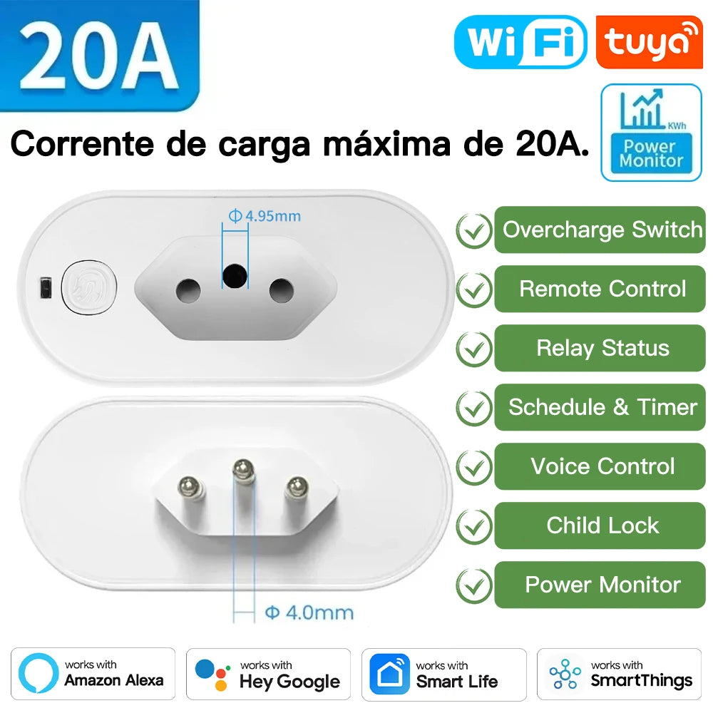 TNCE Tuya Brazil Plug 16/20A adapter, WIFI or zigbee socket