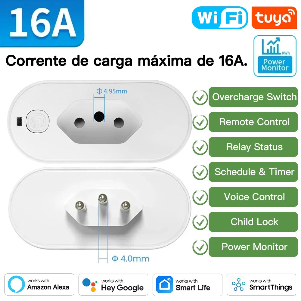 TNCE Tuya Brazil Plug 16/20A adapter, WIFI or zigbee socket